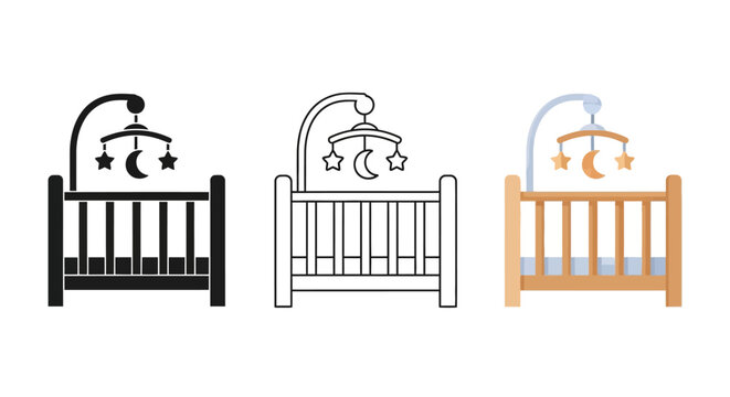 Iconic baby cribs in different styles black silhouette, outline, and realistic rendering, featuring a mobile with stars and moon