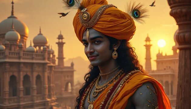 Young Hindu deity Krishna wears orange turban with peacock feathers. He is adorned with gold necklaces and jewelry. Ancient Indian architecture and warm sunset light forms background.