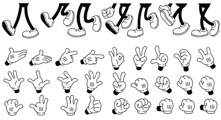 Hand gestures for sign language alphabet and numbers in simple illustrations.