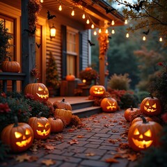 Fototapeta premium Lit jack o lanterns adorn house porch stpic and walkway. Festive string lights hang above, casting warm glow. Flying bats and autumn leaves complete spooky scene.