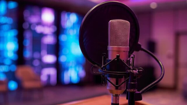 Conference microphone podium lectern stage modern auditorium for conference meeting presentation recording with empty chairs and blurred digital