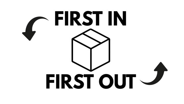 FIFO first in first out warehouse sign illustration, representing inventory rotation system, stock management method, and organized logistics process.