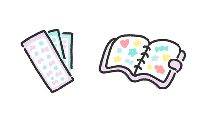 手描きのかわいいパステルカラーのシールとデコレーションしたラベンダー色のシール帳のセット