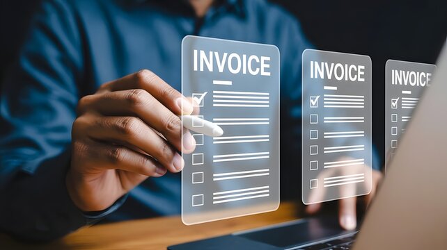 Invoice for payment, digital invoice document, e-invoice and Digital billing concept, man using laptop to manage electronic statements. E-tax, Online invoice processing and tax accounting solutions.