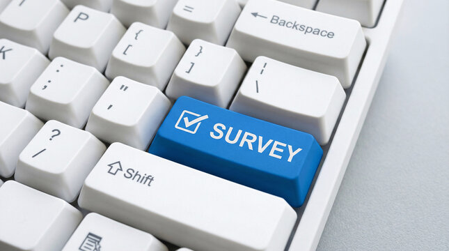 A close-up of a computer keyboard with a blue survey key prominently displayed among the white keys.