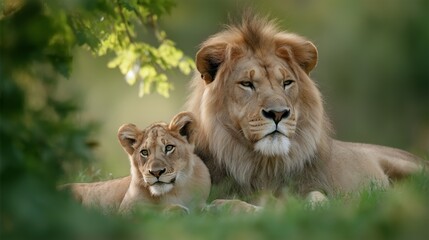Obraz premium A strong lion rests peacefully beside its curious cub in a vibrant green landscape. Sunlight filters through the leaves, highlighting their beautiful fur and serene bond