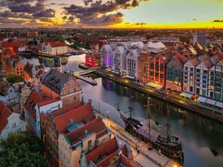Beautiful sunrise over the Motlawa River in Main Town of Gdansk. Poland
