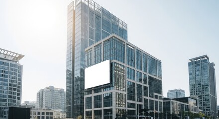 Naklejka premium Modern city buildings under sunny sky with blank billboard and copy space