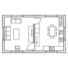 Black and white floor plan of a small apartment with kitchen dining and living areas apartment layout