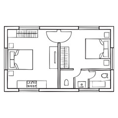 Black and white floor plan of a small apartment with kitchen, bathroom, and living area