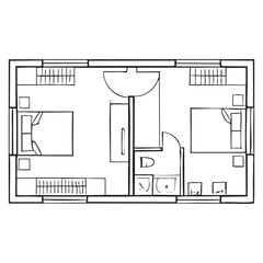 Black and white floor plan of a small apartment with kitchen bathroom and two bedrooms