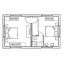 Black and white floor plan of a small apartment with two bedrooms and a bathroom