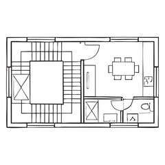 Black and white floor plan of a small house with a living room, kitchen, and dining area
