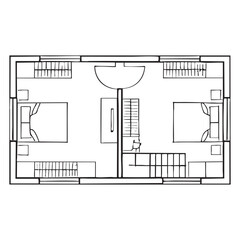 Black and white floor plan of a two-bedroom apartment with furniture layout apartment layout
