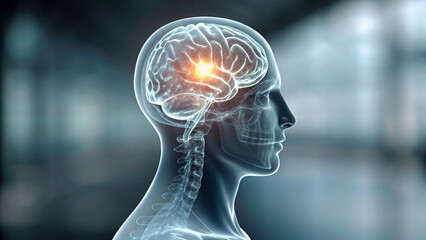 Obraz premium Seizure activity and epilepsy brain wave monitoring. Neurology and neurosurgery. Profile of a transparent head with a human brain showing a bright white glowing center of activity
