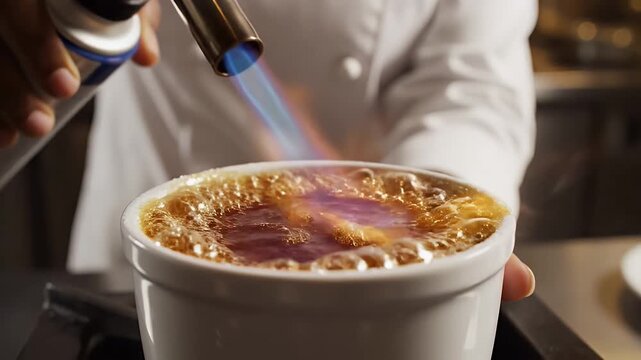 Creme Brulee Torching - A chef uses a small blowtorch to caramelize the sugar topping of a creme brulee. The dessert sits in a white ramekin dish on a stovetop.