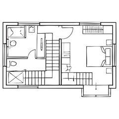 Black and white floor plan of a two-story house with stairs and multiple rooms