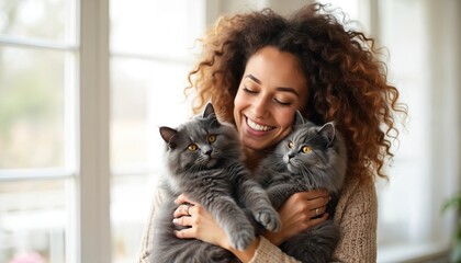 Obraz premium Smiling woman with curly hair holds two large fluffy gray Maine Coon cats. Happy owner cuddles her pets indoors near a window. Joyful connection between human and feline friends.