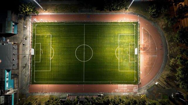Aerial night view of a brightly lit soccer field, track, and surrounding facilities