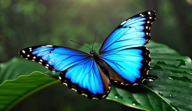 Resting in the Humid Canopy: A Blue Morpho Butterfly Perched on a Tropical Leaf Beneath Filtered Sunlight
