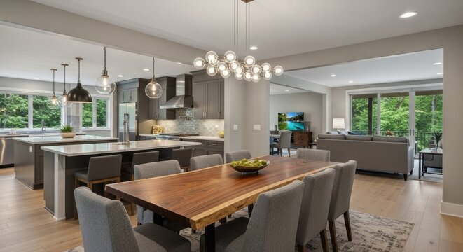 Modern kitchen and dining room interior with elegant design and natural light