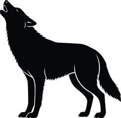 Obraz premium Black howling wolf silhouette standing with head up vector illustration isolated on white background, wild forest animal graphic for nature logo design, wilderness predator symbol element