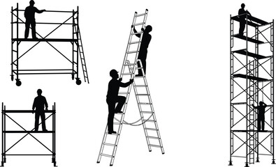 construction, worker, workers, scaffold, scaffolding, ladder, safety, job, work, labor, industry, industrial, building, maintenance, repair, silhouette, black, illustration, vector, design