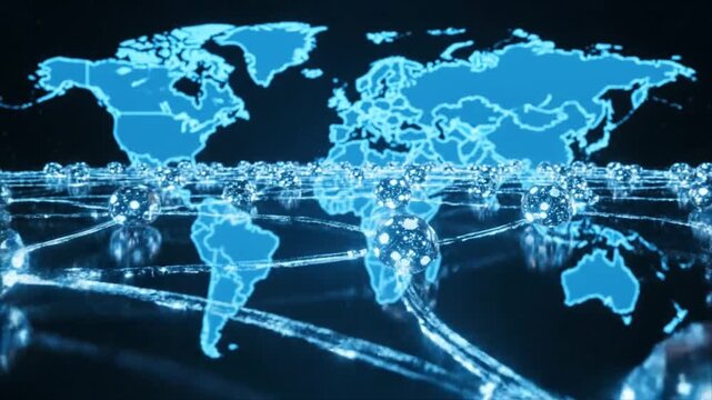 Abstract visualization of a global digital network featuring an illuminated world map, interconnected glowing spheres, symbolizing data, blockchain, and worldwide communication