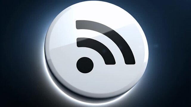 Glossy RSS Icon - A close-up shot of a white, glossy button featuring the black RSS feed icon. The icon consists of a dot and two curved lines, set against a dark blue background with soft lighting.