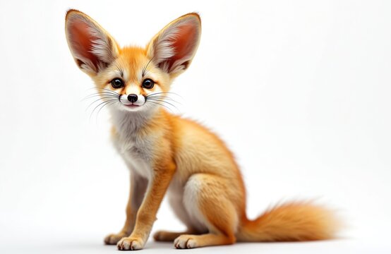 Small fennec fox with huge ears sits calmly on white background. This desert animal has orange fur and fluffy tail. Wild creature looks curious at camera.