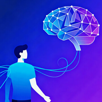 Human and Digital Brain Fusion Technology Illustration