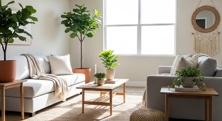 Fototapeta premium Modern living room interior with plants and natural light design