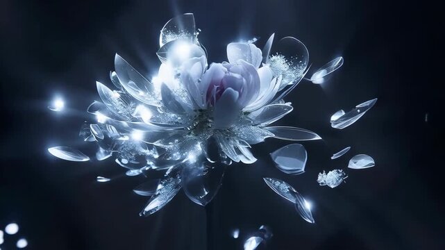 Abstract 3D video of glass shards assembling in reverse slow motion to form a perfect peony.