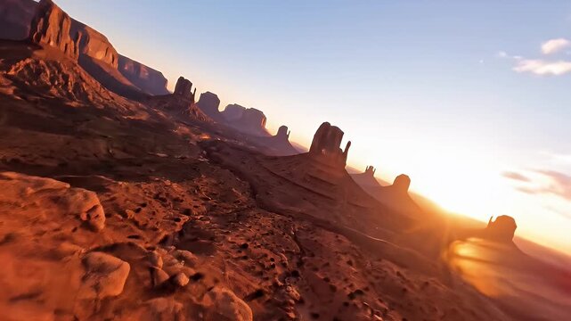 Sunrise illuminates striking desert rock formations with warm light