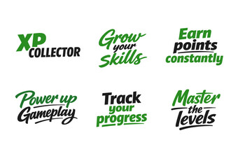 Fototapeta premium Motivational gaming slogans for skill and progress with green and black text