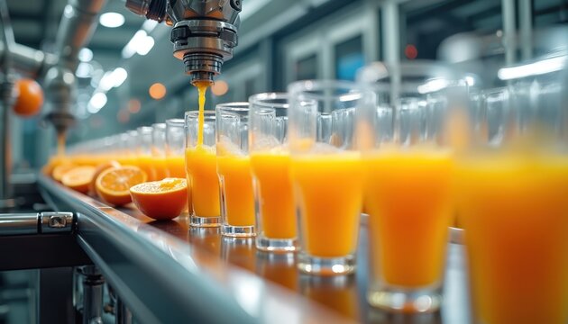 Orange juice fills glasses on automated line. Fresh fruit processing in modern factory. Ripe citruses are squeezed by tech equipment. Natural beverage production.