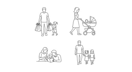 Obraz premium Family Life Icons: Parents and Children in Various Daily Activities