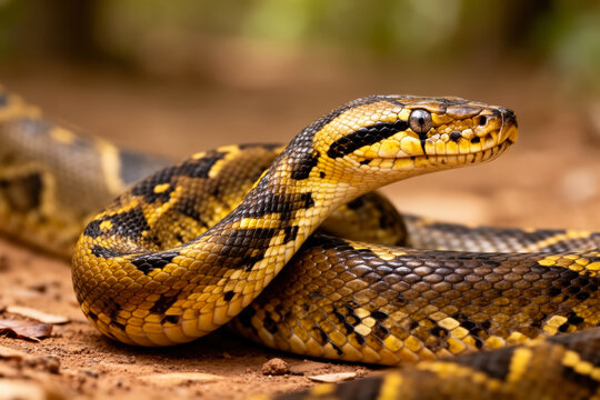 Serene yellow and black Indian rock python coiled on forest floor, embodying calmness, natural beauty, and quiet confidence