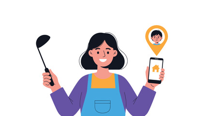 Fototapeta premium Smiling mother holding a soup ladle while checking a smartphone app that shows her son location at home on a map icon.