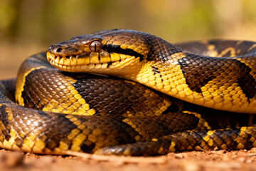 Obraz premium Majestic Indian rock python coiled on earthy ground, vivid yellow-black stripes, fierce gaze, natural habitat, raw power