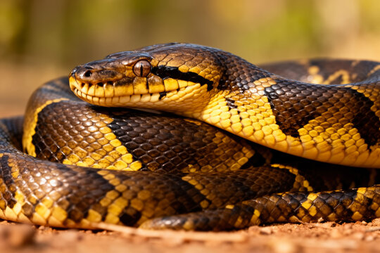 Majestic Indian rock python coiled on earthy ground, vivid yellow-black stripes, fierce gaze, natural habitat, raw power