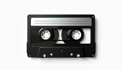 Obraz premium Black plastic audio cassette tape isolated on white background. Vintage object for music recording and playback. Nostalgic retro media for analog sound.