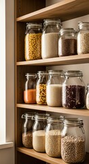 Wooden Pantry Shelves with Glass Jars Filled with Pasta, Grains, and Beans for Zero Waste Storage
