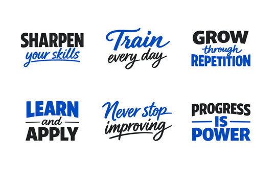 Motivational phrases about skill development and growth in blue and black text