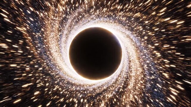 A dark void pulls in streaks of bright light, creating a wormhole effect