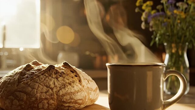 Fresh Bread and Morning Coffee - A rustic loaf of freshly baked bread sits next to a steaming mug of coffee, creating a cozy and inviting breakfast scene.
