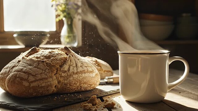 Rustic Breakfast Still Life - Warm loaf of bread sits on a slate cutting board next to a hot steaming mug, with bread crumbs scattered. The scene is set in a rustic kitchen with natural light.