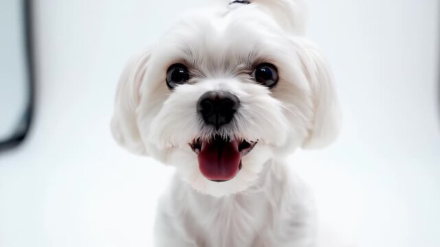 Happy Maltese Dog Portrait - A close-up shot of a fluffy white Maltese dog with its tongue sticking out, looking directly at the camera.