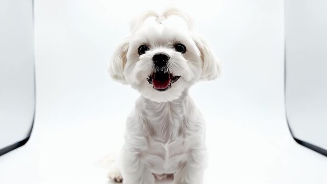 Maltese Dog Portrait on White - This is a portrait of a small Maltese dog with fluffy white fur sitting against a white backdrop. The dog has dark eyes and a black nose, looking slightly to the left.
