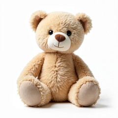 Obraz premium Soft beige teddy bear plush toy sits alone on white background. Cuddly stuffed animal for babies and toddlers. Nursery decor, baby shower gift.